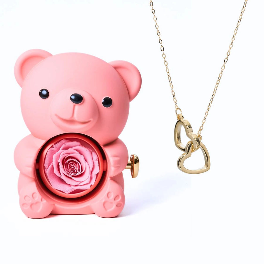 Ourson rose éternel et collier personnalisé